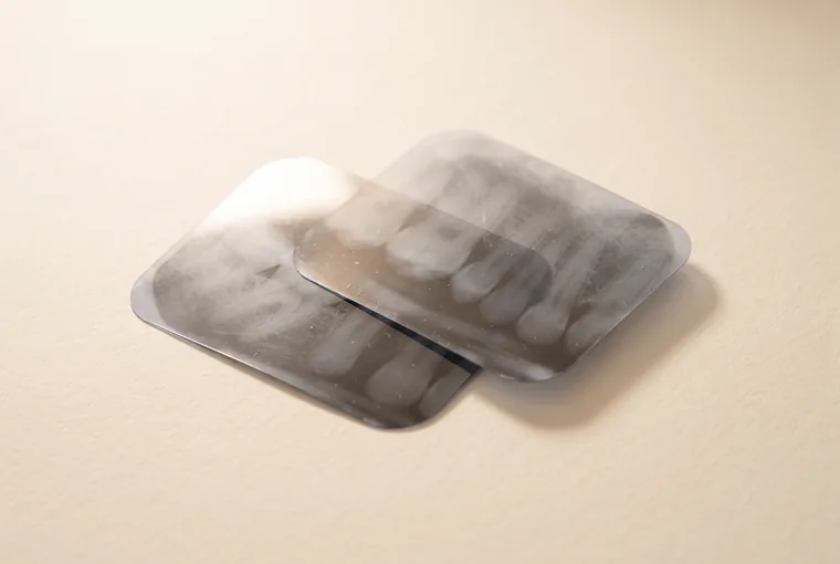 Two dental x-ray films overlapping on warm off-white paper