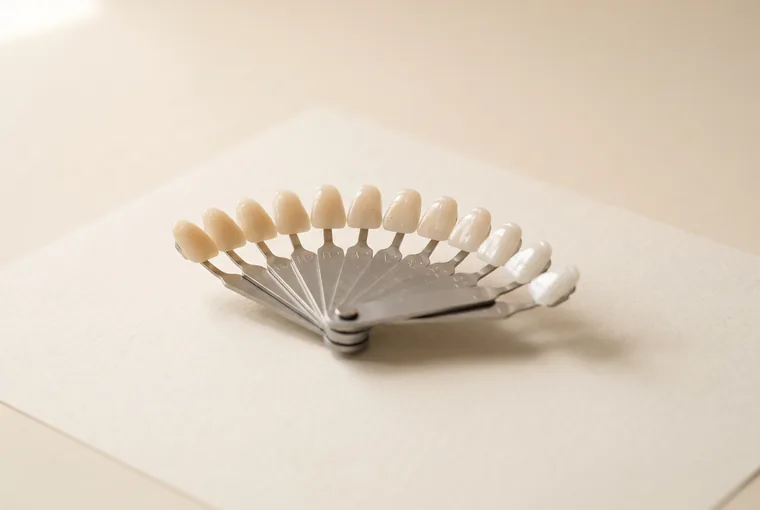 A dental shade guide fanned open on warm off-white paper