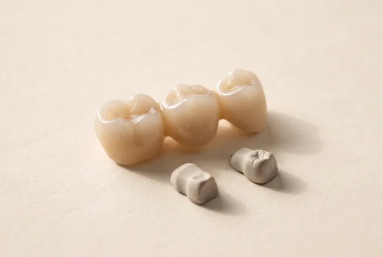 A three-unit porcelain bridge lying beside two small prepared stone dies on warm off-white paper