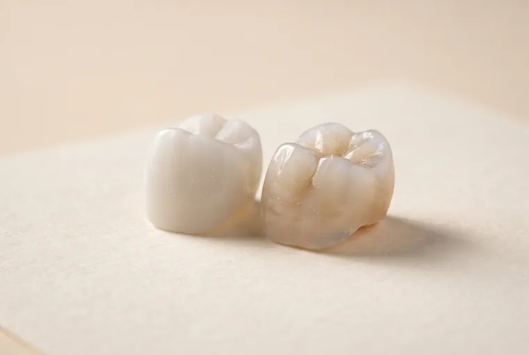 Two dental crowns side by side on warm off-white paper