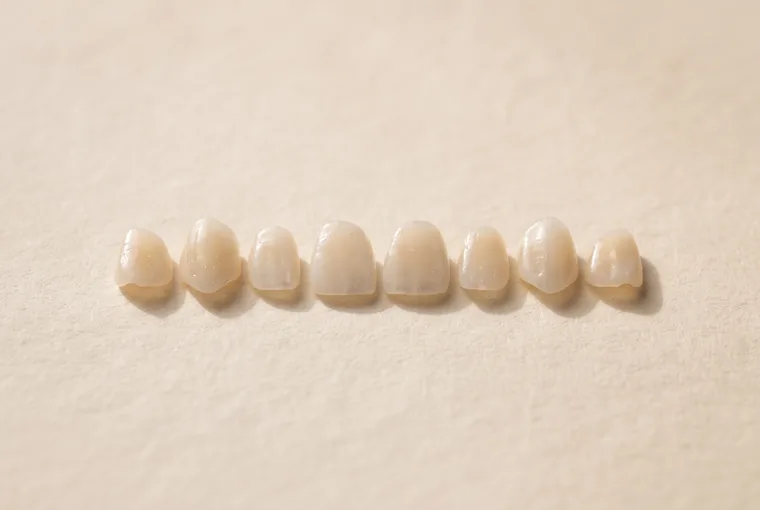 Eight ultra-thin porcelain veneer shells laid in a neat row on warm off-white paper
