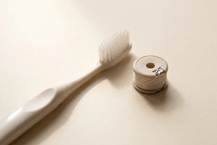 A toothbrush with soft bristles and a small spool of dental floss on warm off-white paper
