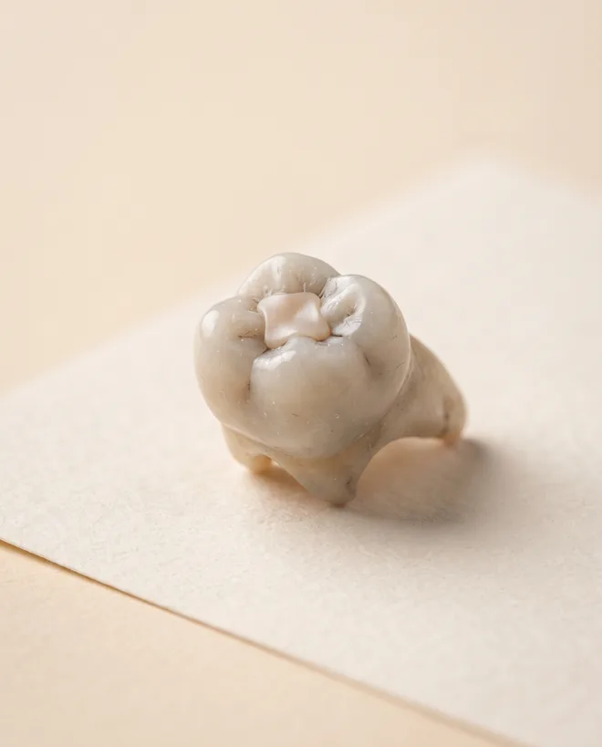 A single natural-looking molar model with a smooth tooth-coloured composite filling on its chewing surface