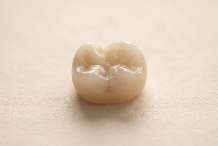 A small ceramic inlay restoration shaped to fit a molar's chewing surface