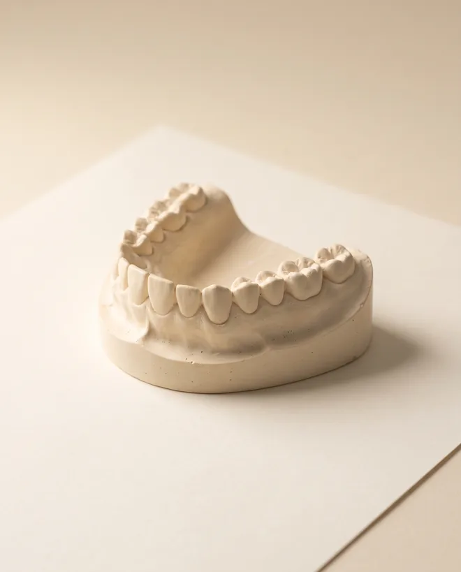 A stone dental study model of a full upper arch