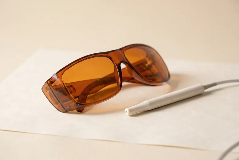 A pair of amber protective laser safety glasses folded on warm off-white paper beside a slim white laser handpiece tip