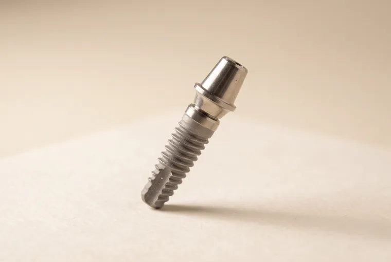 A titanium implant fixture with its abutment screwed on