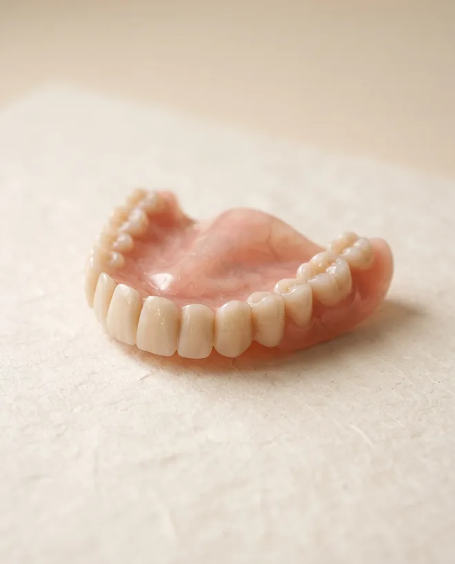 A complete upper denture with a soft pink acrylic palate and natural off-white teeth