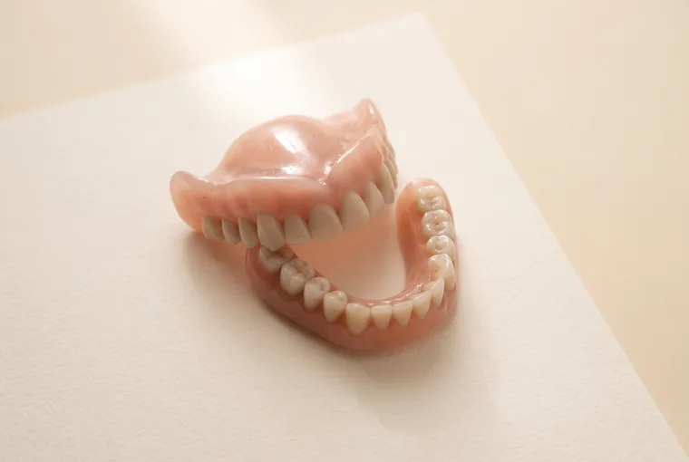A full upper and lower denture set placed side by side on warm off-white paper