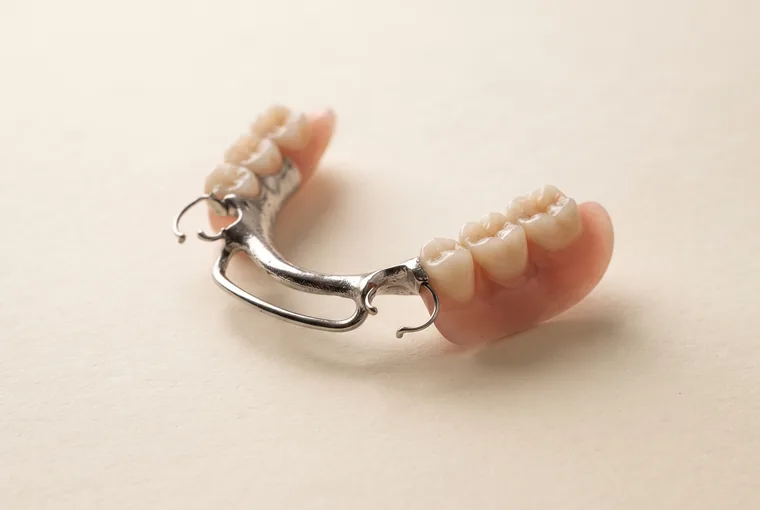 A partial denture with a slim cast metal framework and two clasps