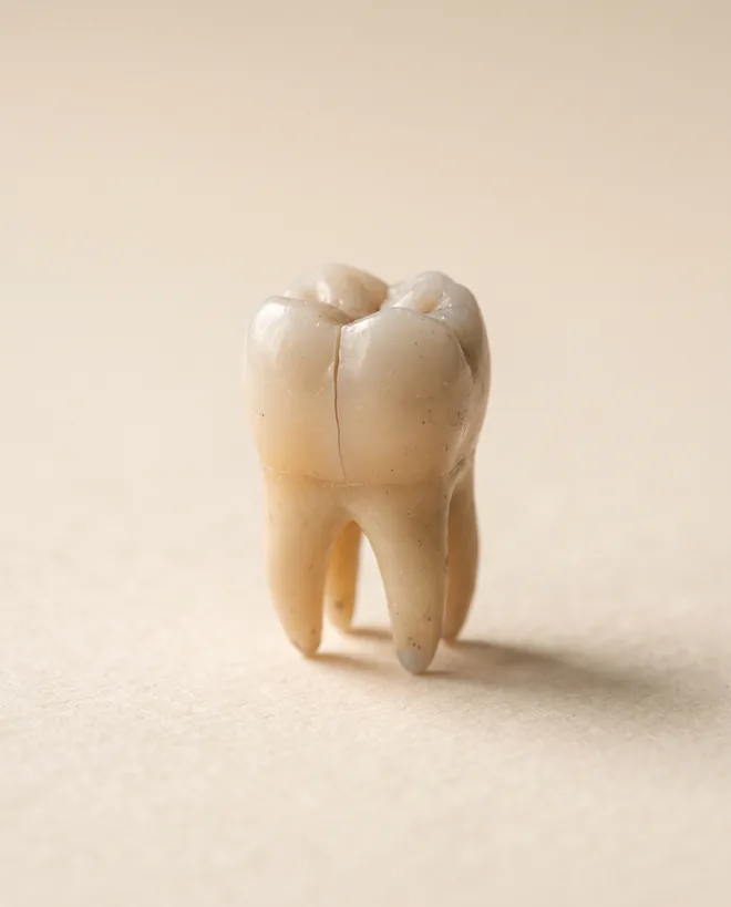 A single natural-looking molar model with a clean vertical crack running down one cusp