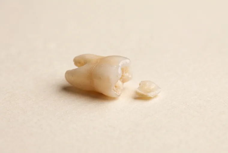 A small chipped fragment of tooth lying next to the whole tooth it broke from