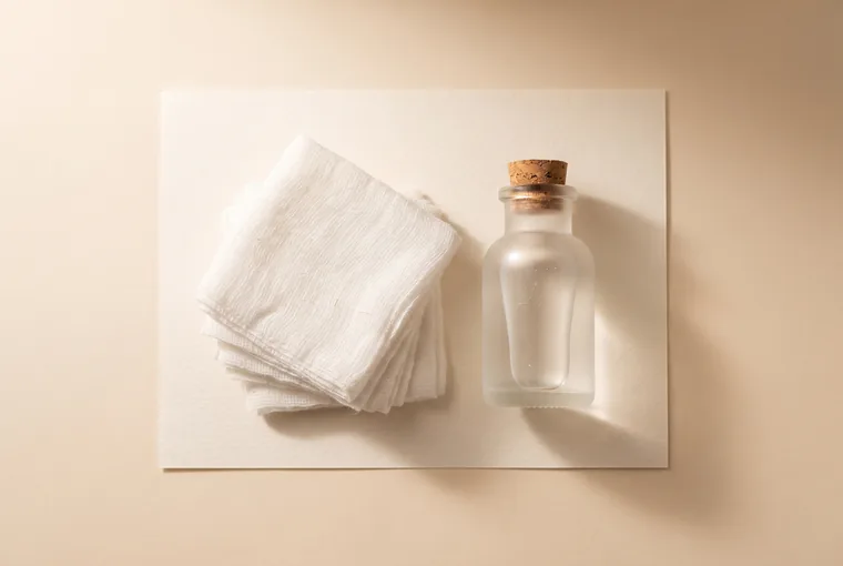 A small stack of folded sterile gauze squares beside a little bottle of saline rinse on warm off-white paper