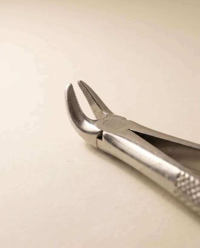 A pair of polished stainless steel dental extraction forceps lying on warm off-white paper