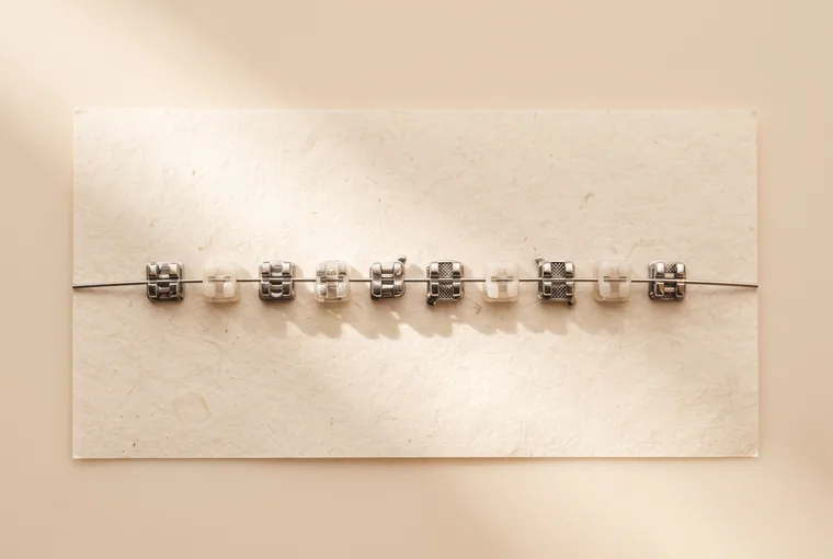 A row of small orthodontic brackets