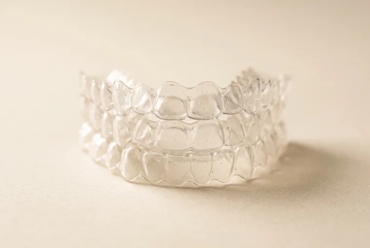 A short stack of clear aligner trays nested together on warm off-white paper