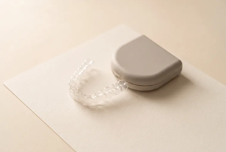 A clear aligner tray resting beside its small matte storage case on warm off-white paper