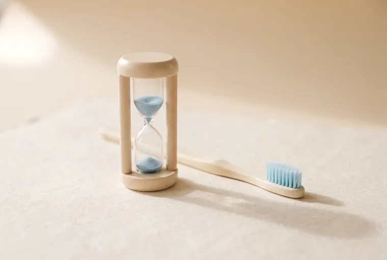 A small two-minute sand timer standing beside a child's toothbrush on warm off-white paper