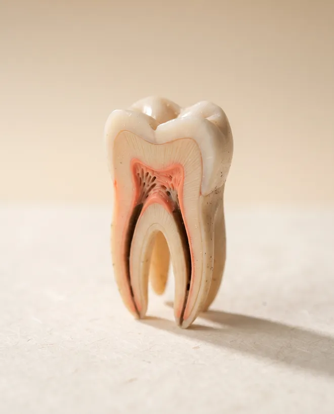 A cutaway cross-section model of a single molar showing the hollow root canals running down through the roots