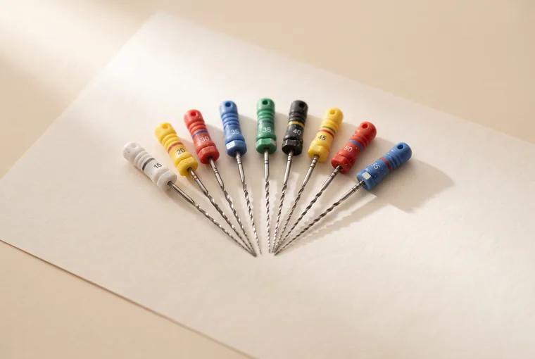 A set of fine endodontic hand files with small colour-coded silicone handles
