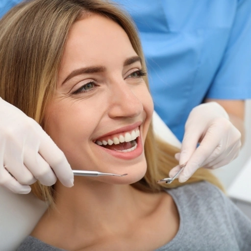 Female patient smiling during a cosmetic dental examination with dental tools in the treatment room